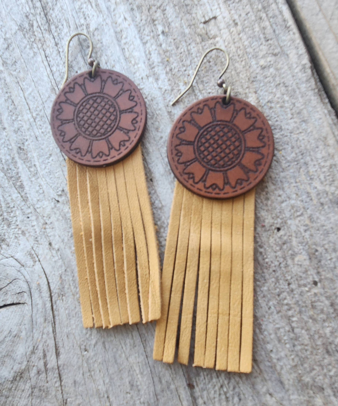 &quot;Kansas&quot;  Handmade Tooled Leather and Fringe Earrings