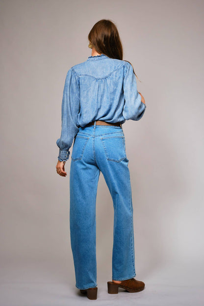 Ruffle Neck Denim Snap Button Shirt