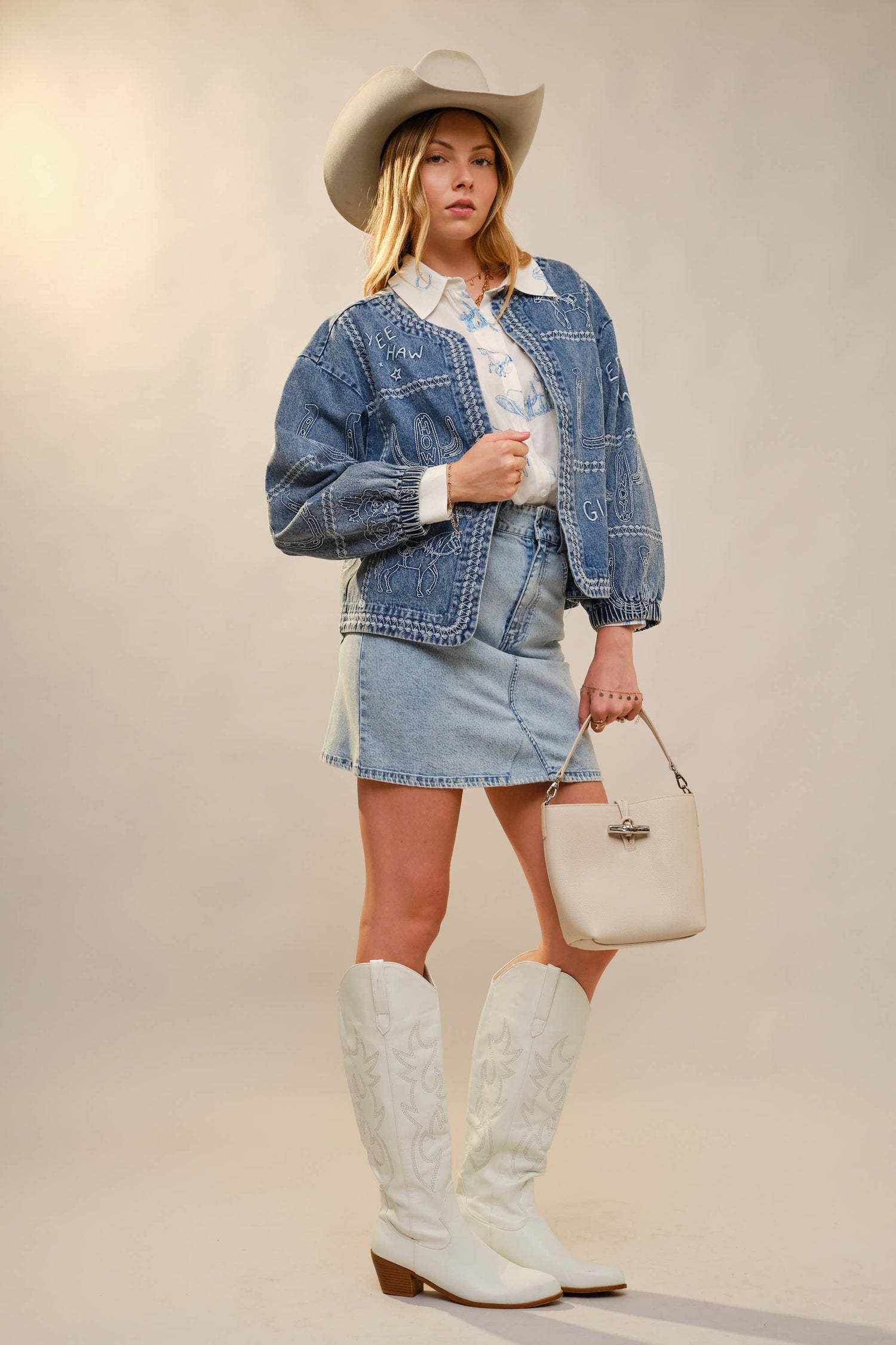 Western Embroidery Puff Sleeve Denim Jacket