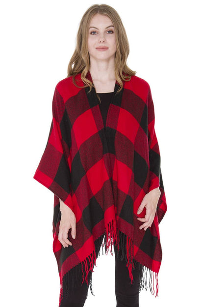 Buffalo Check Pattern Ruana Poncho with Fringes