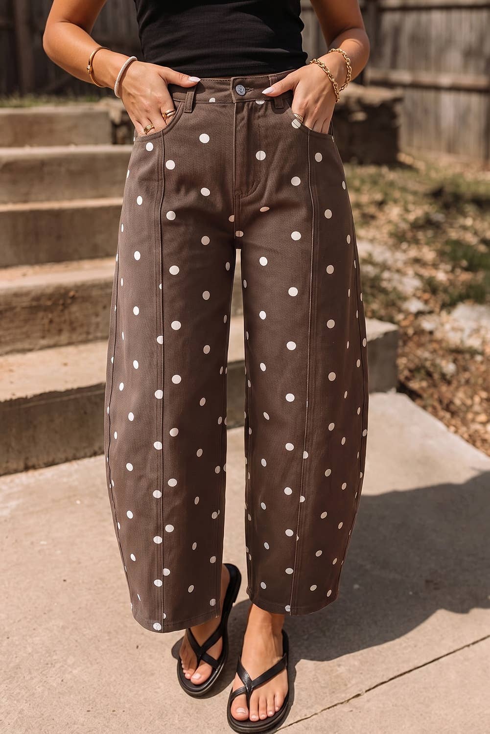 Polka Dot Print Seam Detail Barrel Casual Jeans