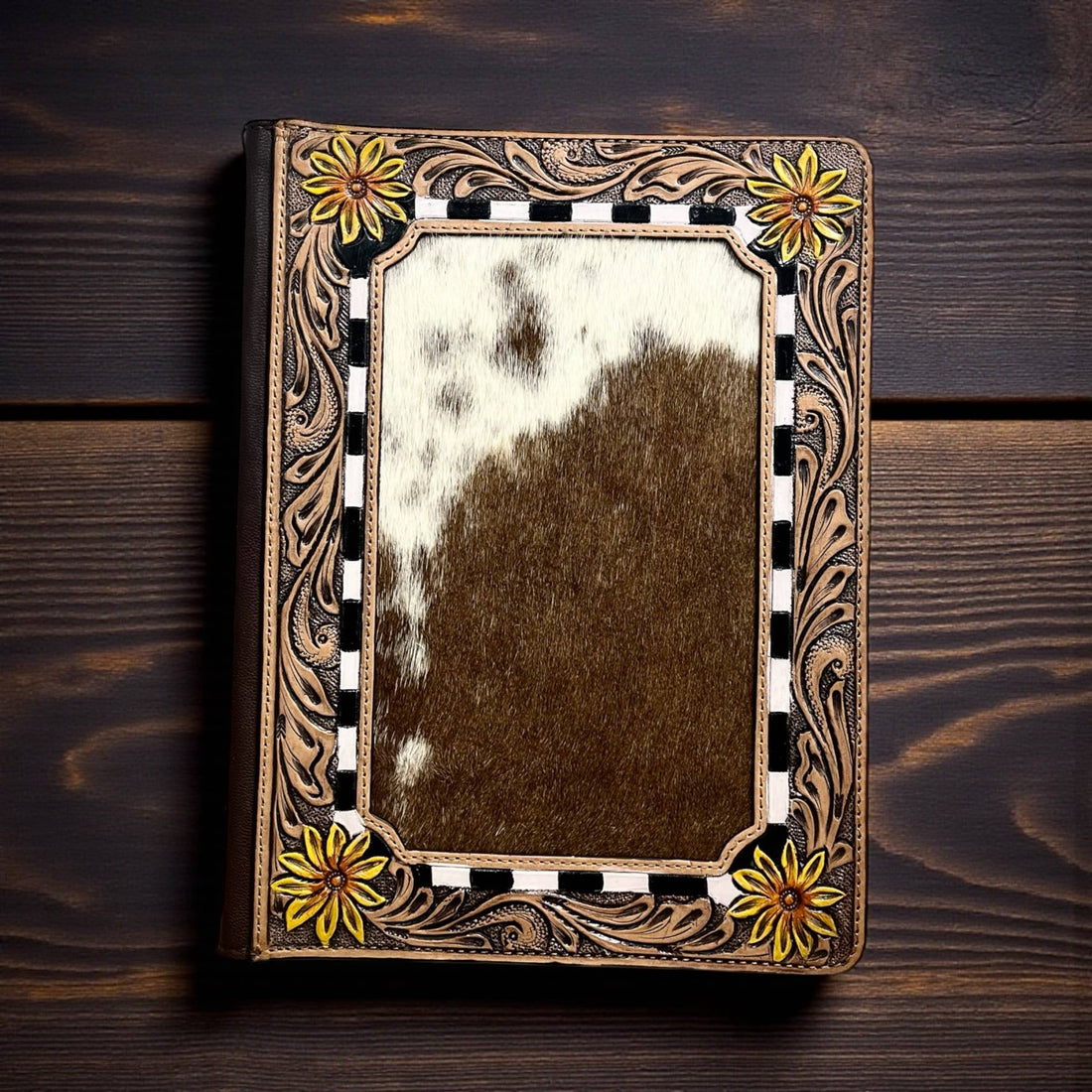 Checker tooled leather &amp; cowhide folder 