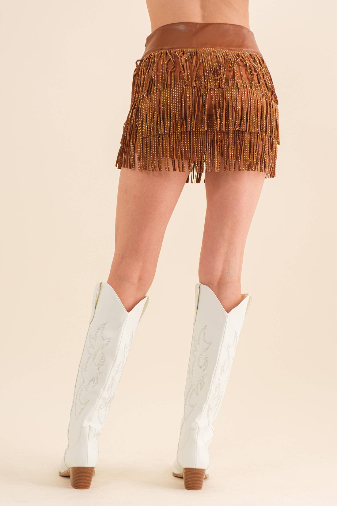 Festival Leather Waist Tiered Fringe Studded Short
