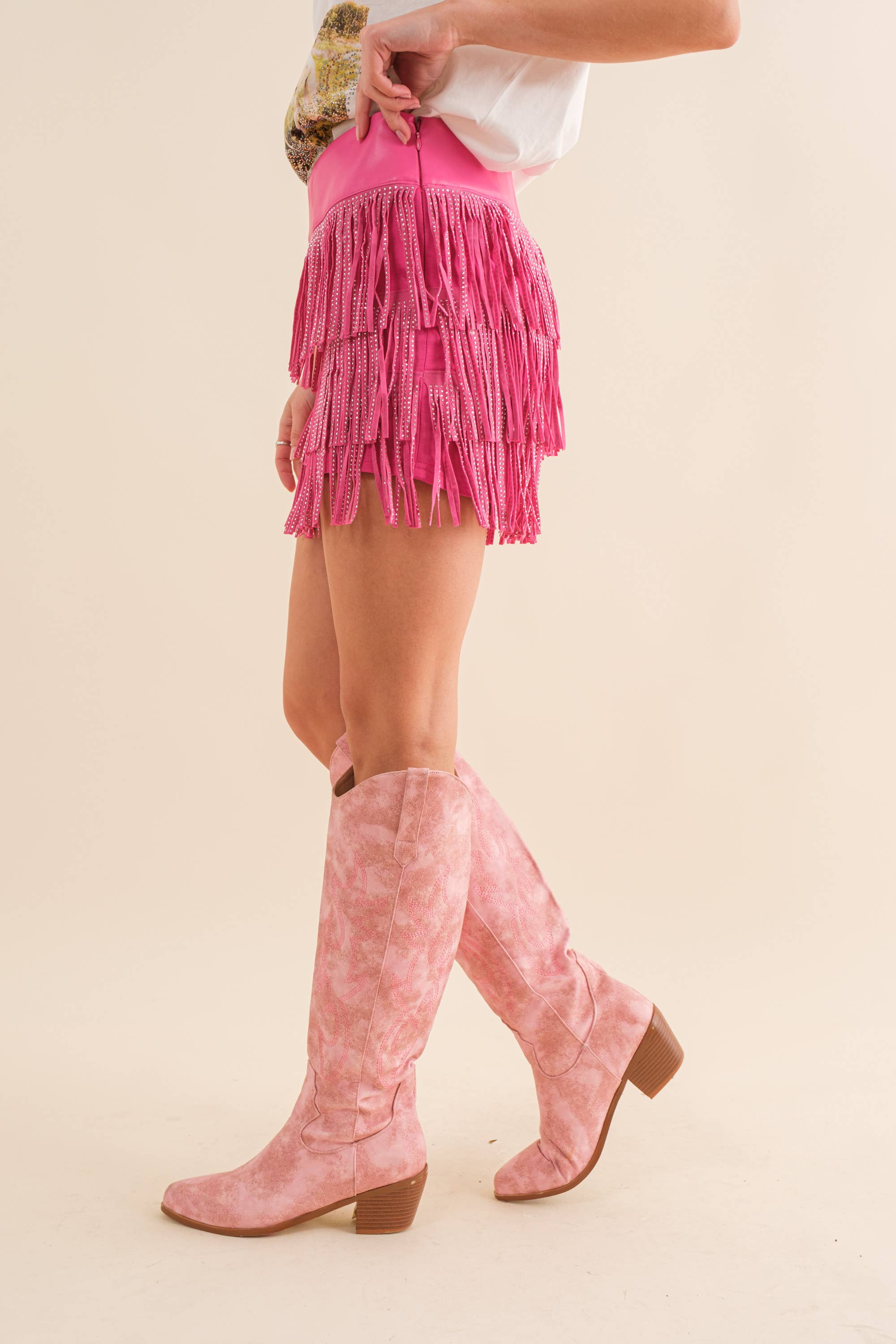 Festival Leather Waist Tiered Fringe Studded Short