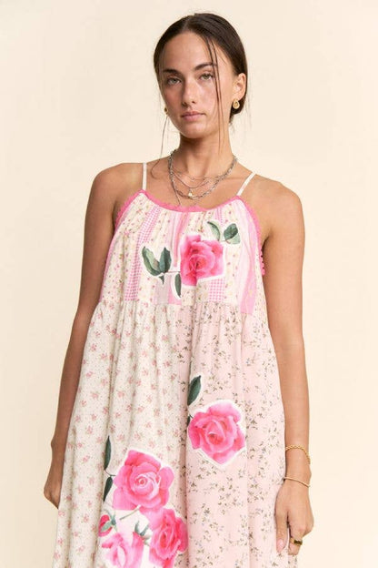 Rose Patchwork Print Ruffle Hem Trapeze Midi Dress