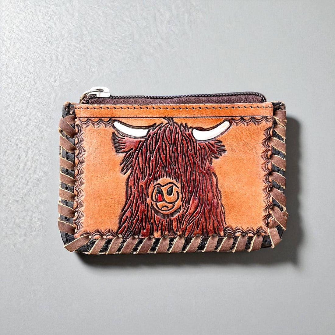 Highland tooled &amp; cowhide coin pouch 
