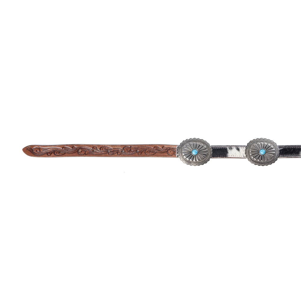 Floracrest Hairon Concho Belt for Women with Handtooling and Turquoise Stone Buckle