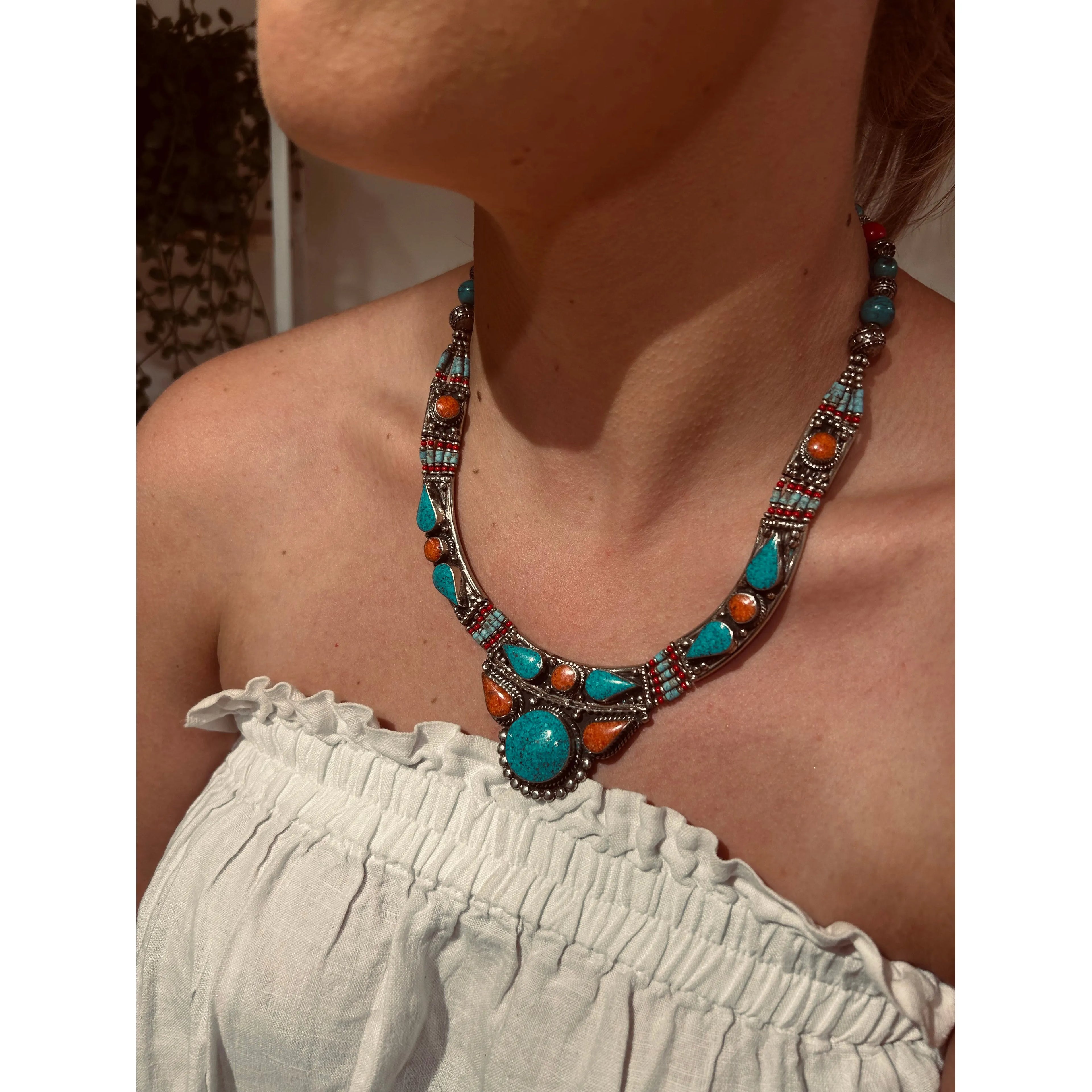 Turquoise silver plated brass necklace 