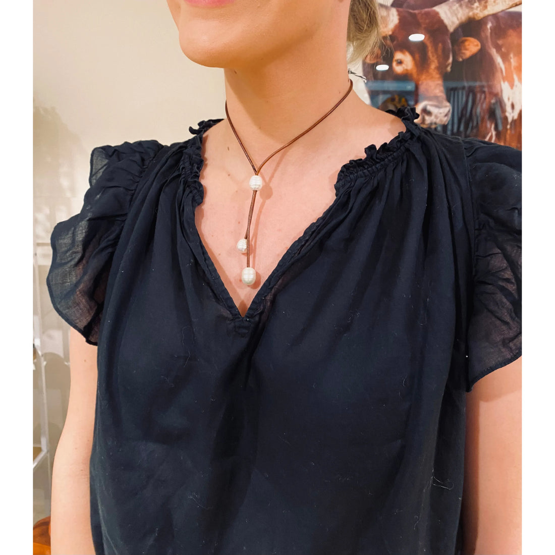 Leather and Pearl lariat necklace dark tan