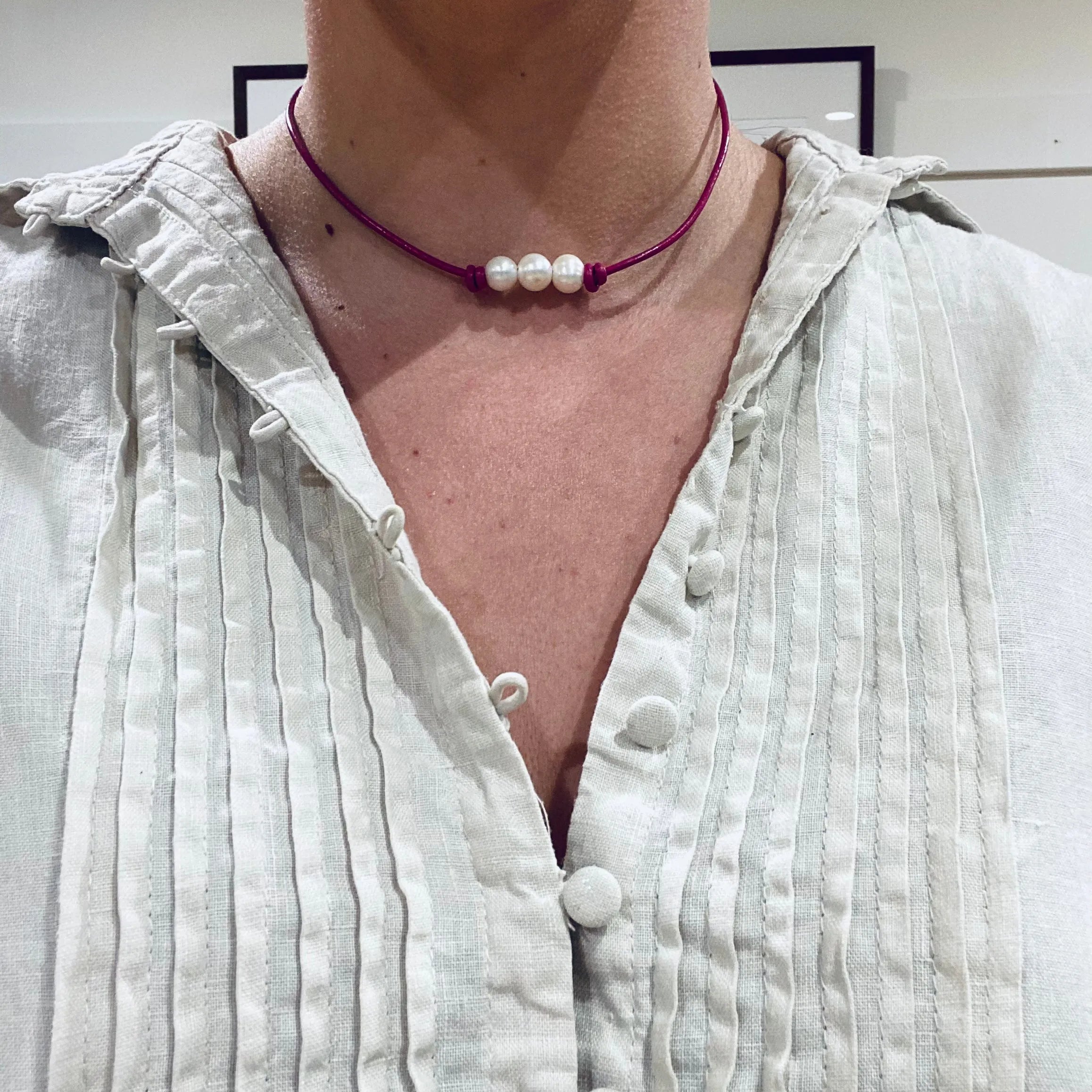 Pearls on pink leather choker / necklace 