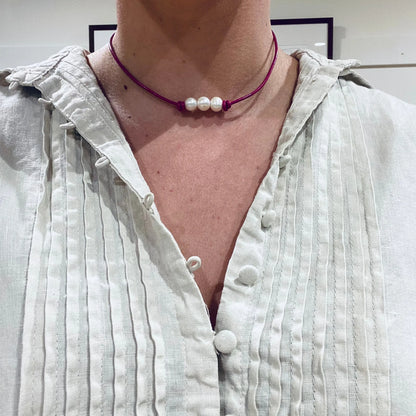 Pearls on pink leather choker / necklace 