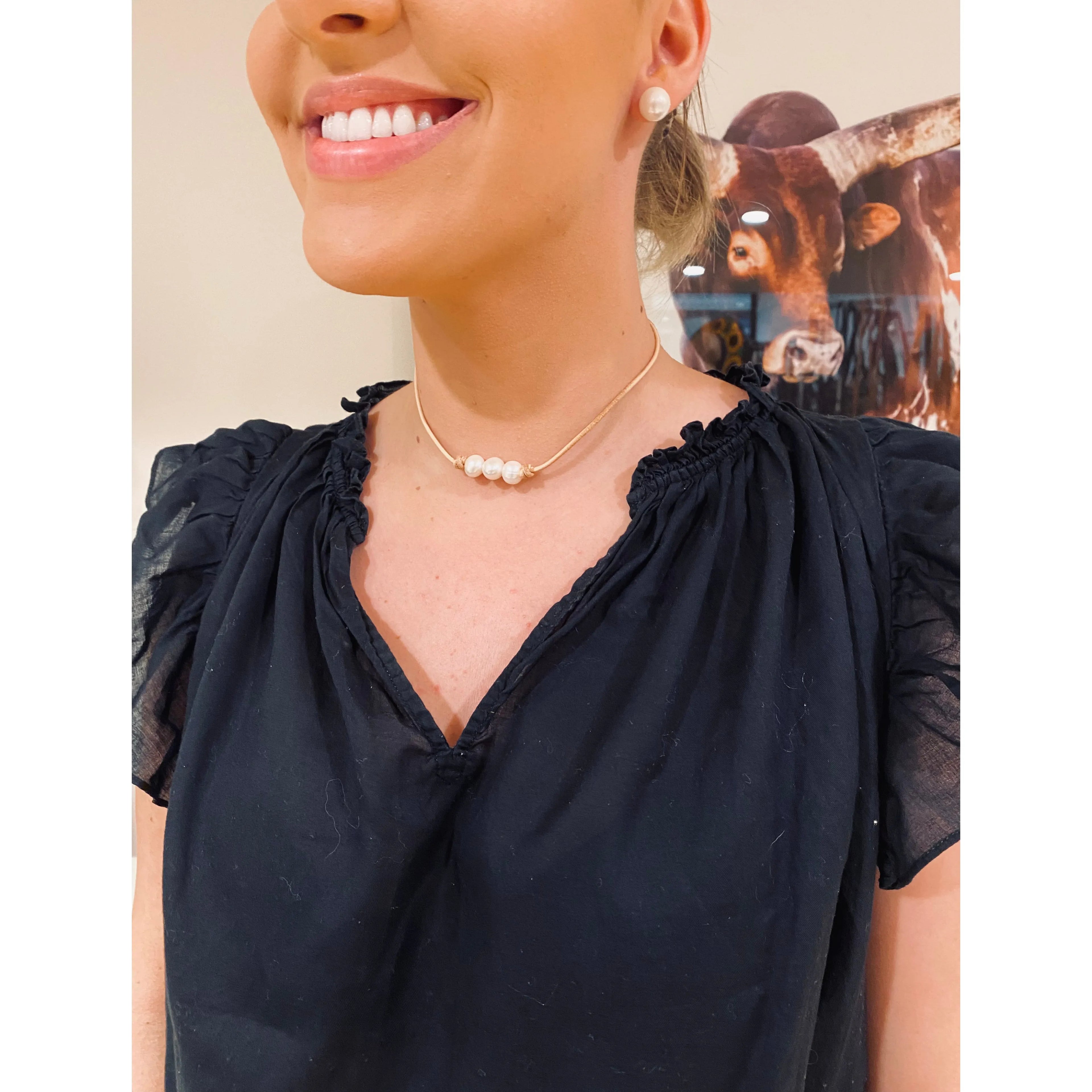 Pearls on light Sandy leather choker / necklace 