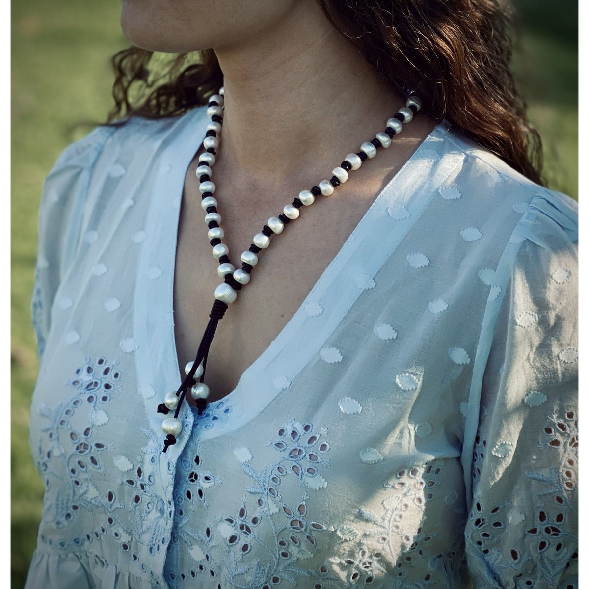 Pearl and Black Leather Tassel Necklace 