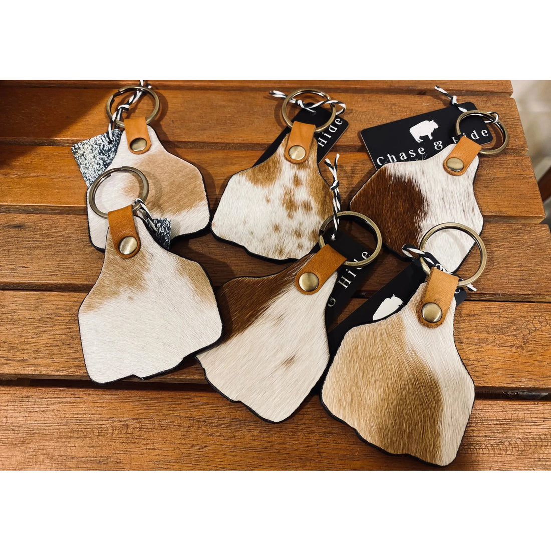 Cowhide cattle tag keyring