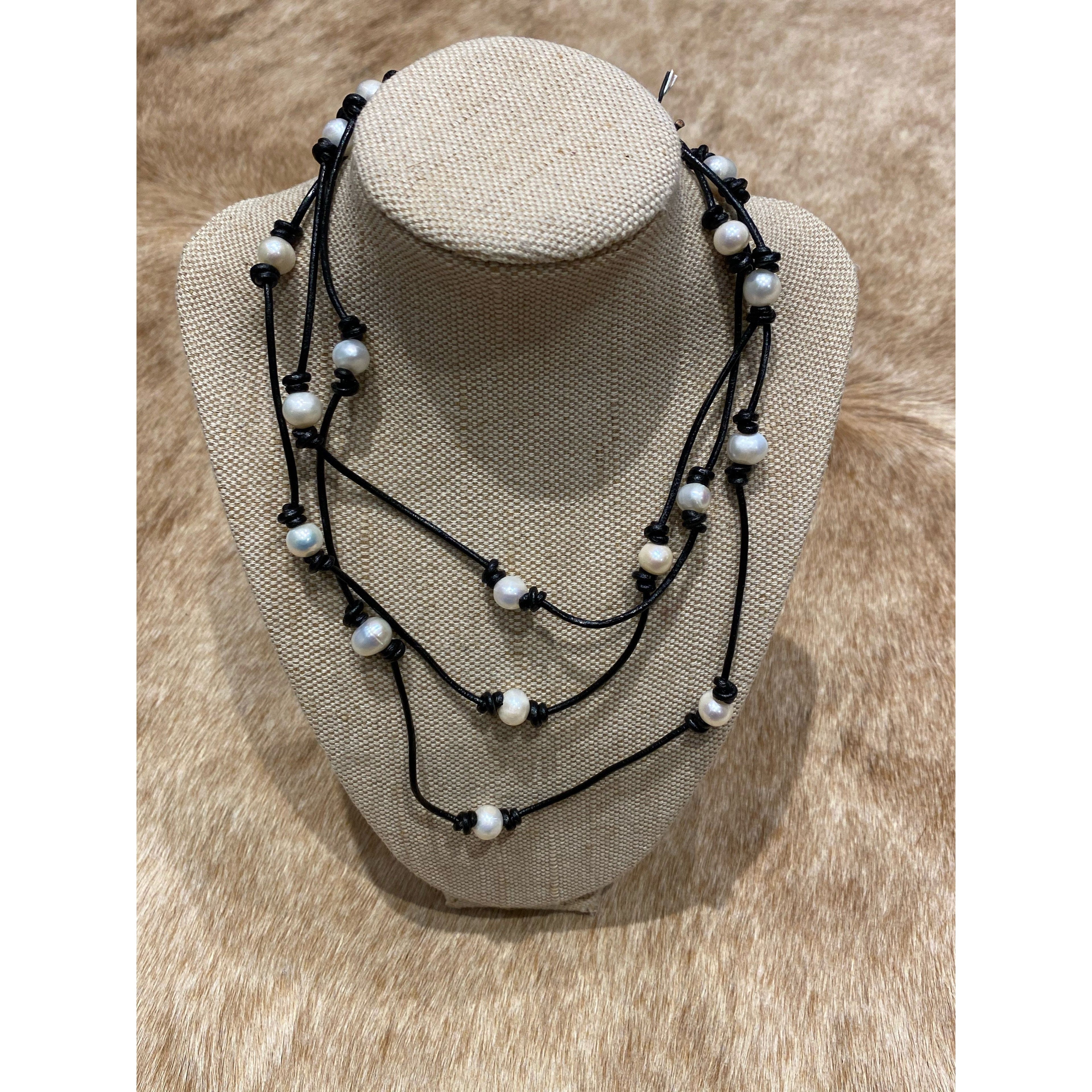 Leather and Pearl Necklace / wrap bracelet 55” 