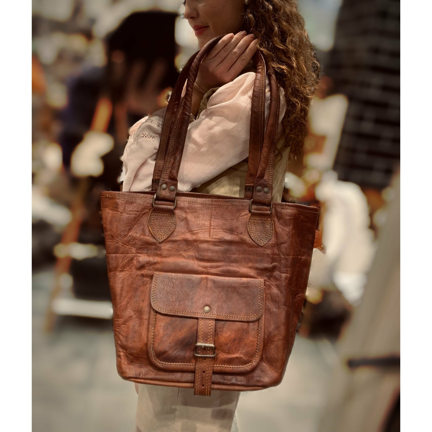 Leather Bucket Bag with front pocket 