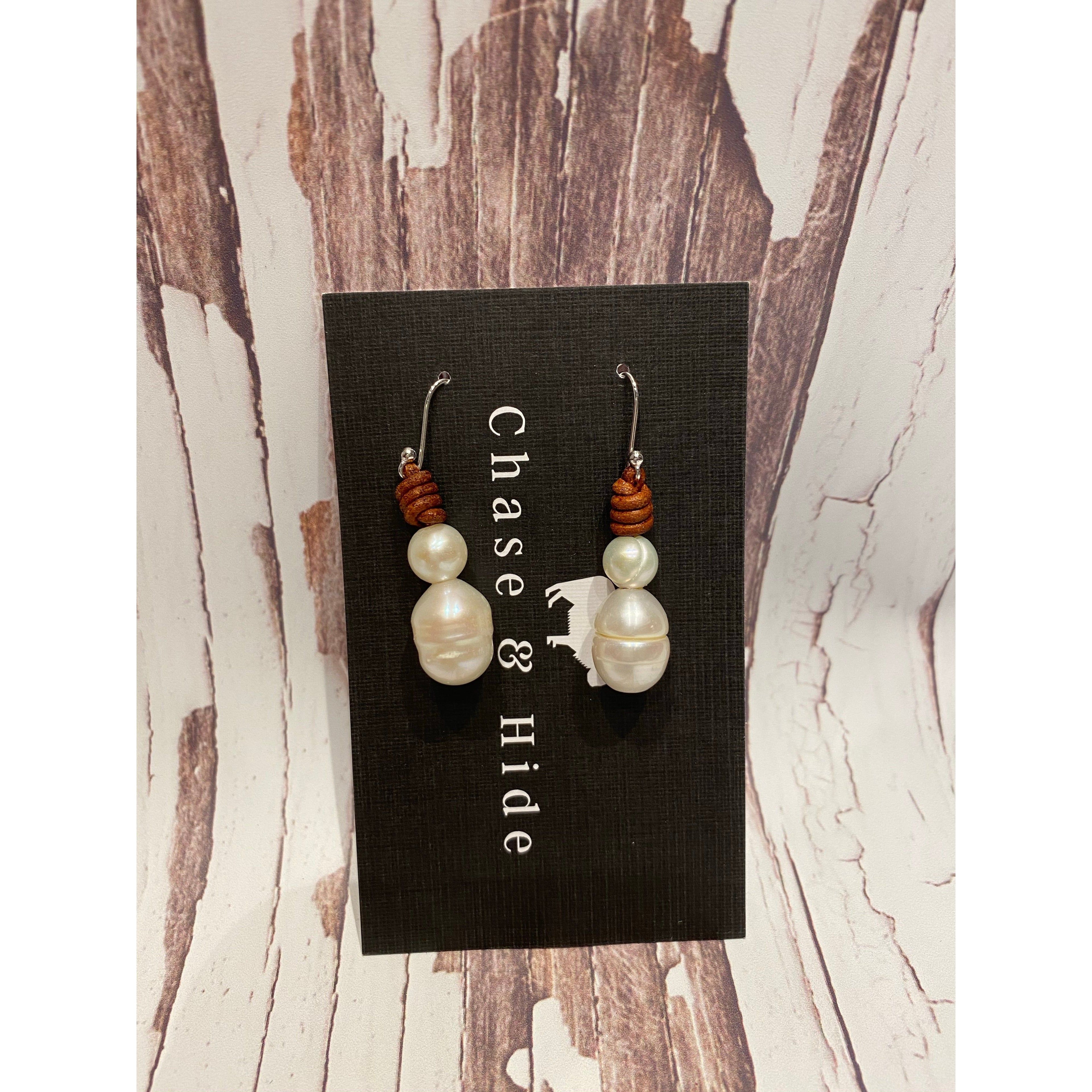 Leather and Pearl Earrings Deep Tan 