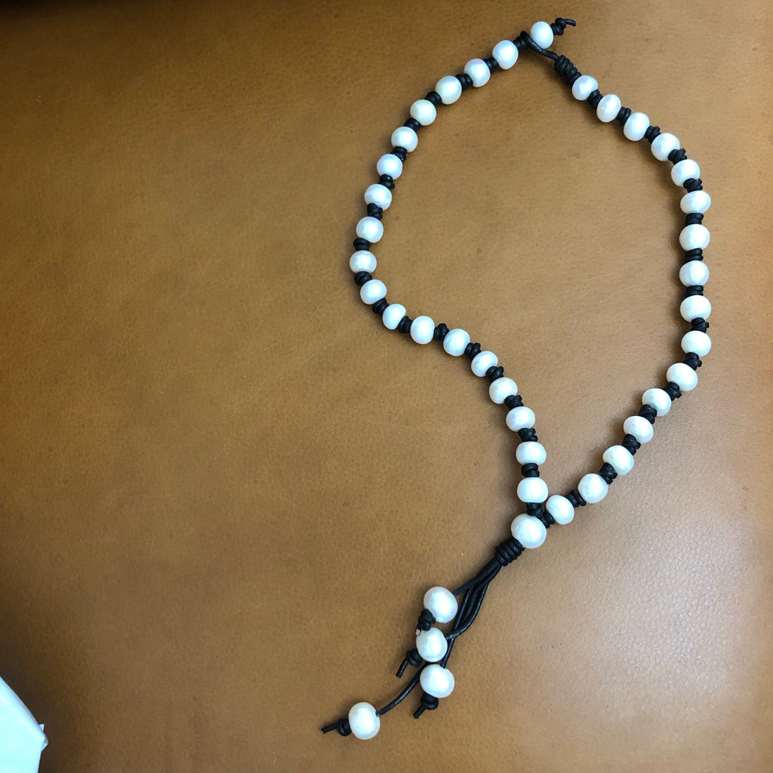 Pearl and Black Leather Tassel Necklace 