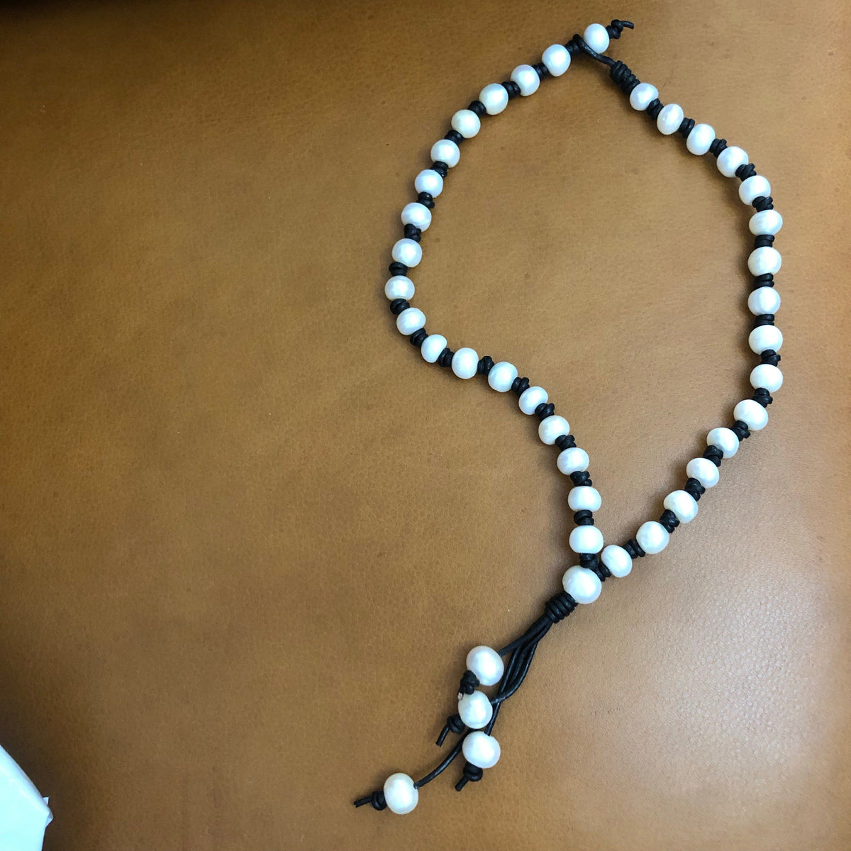 Pearl and Black Leather Tassel Necklace 