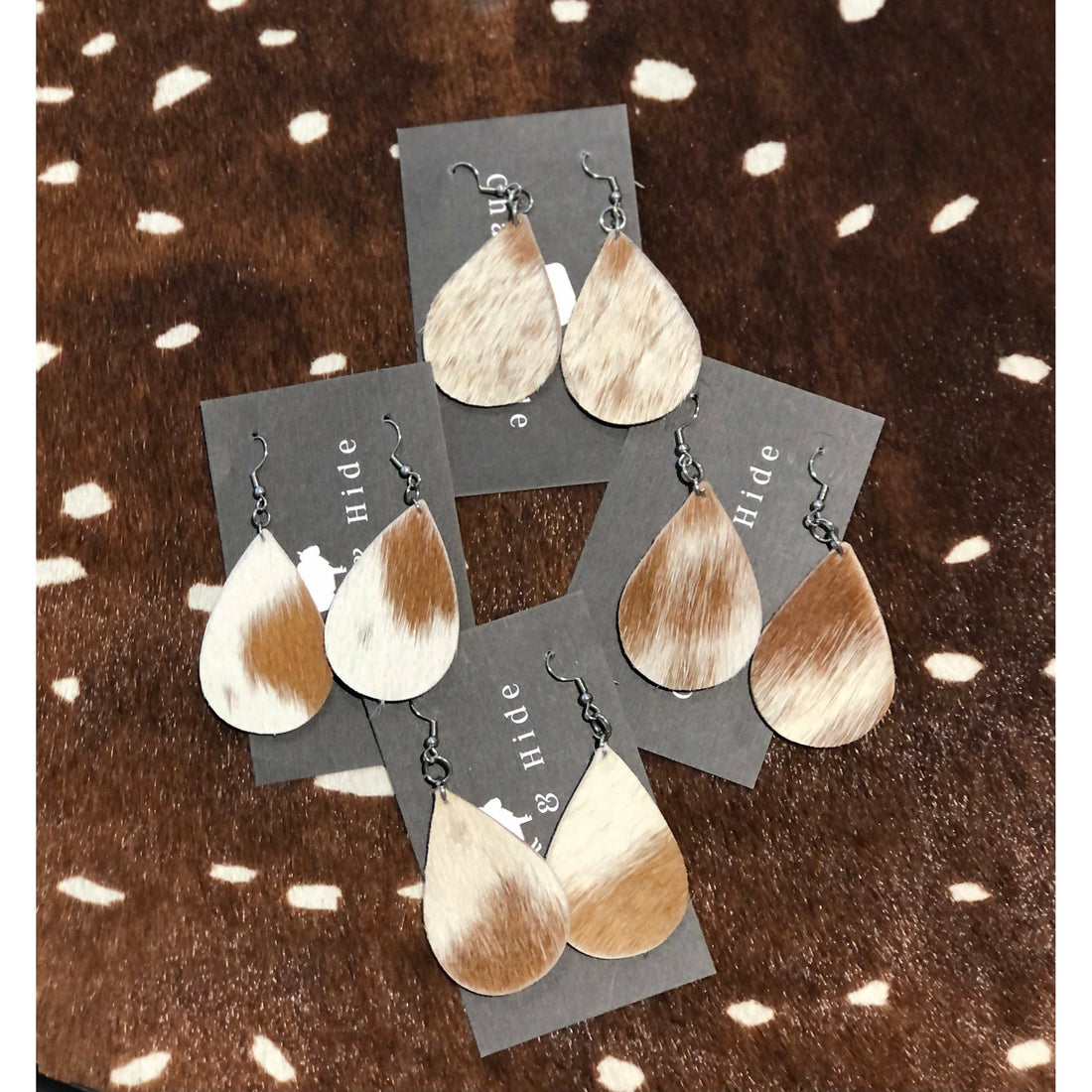 Tan &amp; white hide drop earrings assorted 