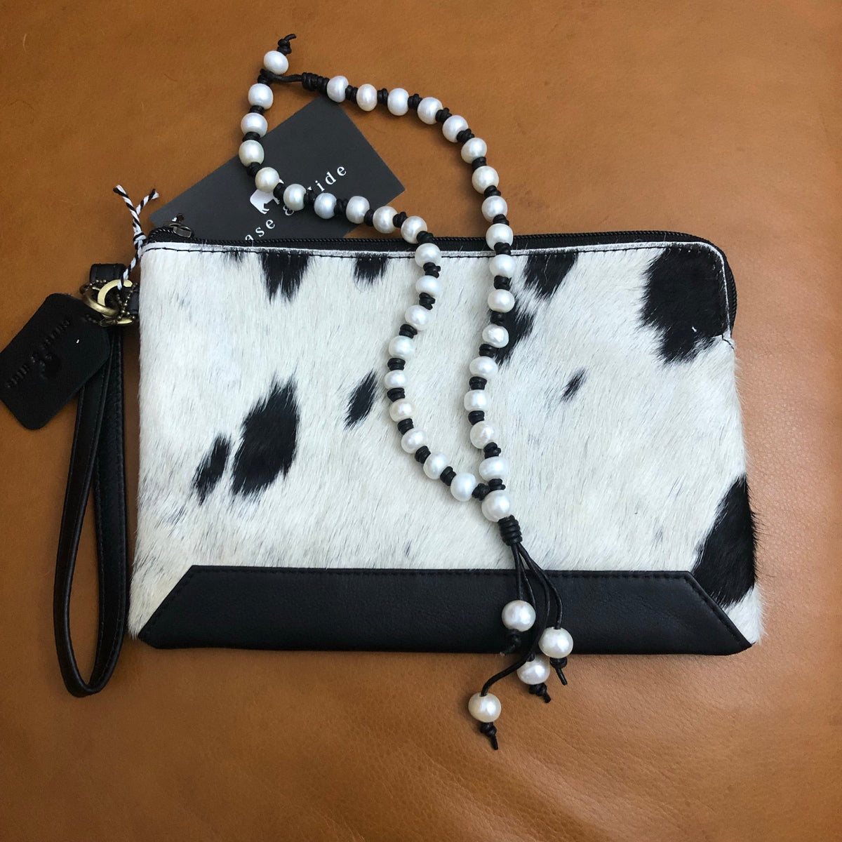 Pearl and Black Leather Tassel Necklace 