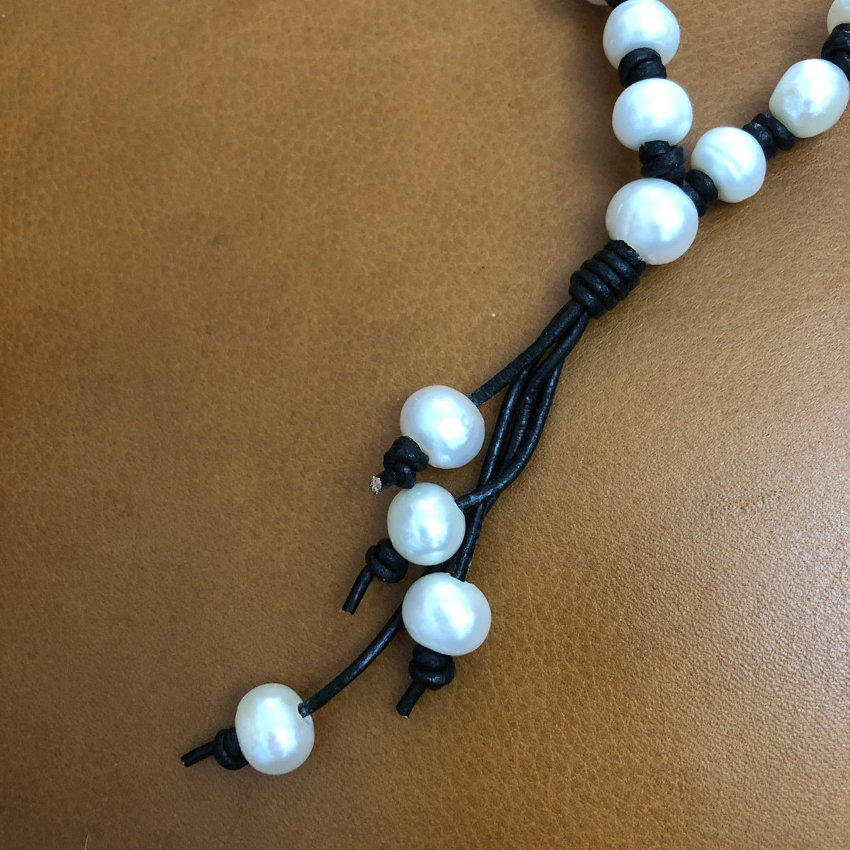 Pearl and Black Leather Tassel Necklace 