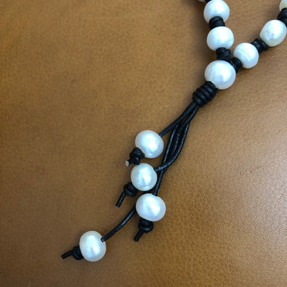 Pearl and Black Leather Tassel Necklace 