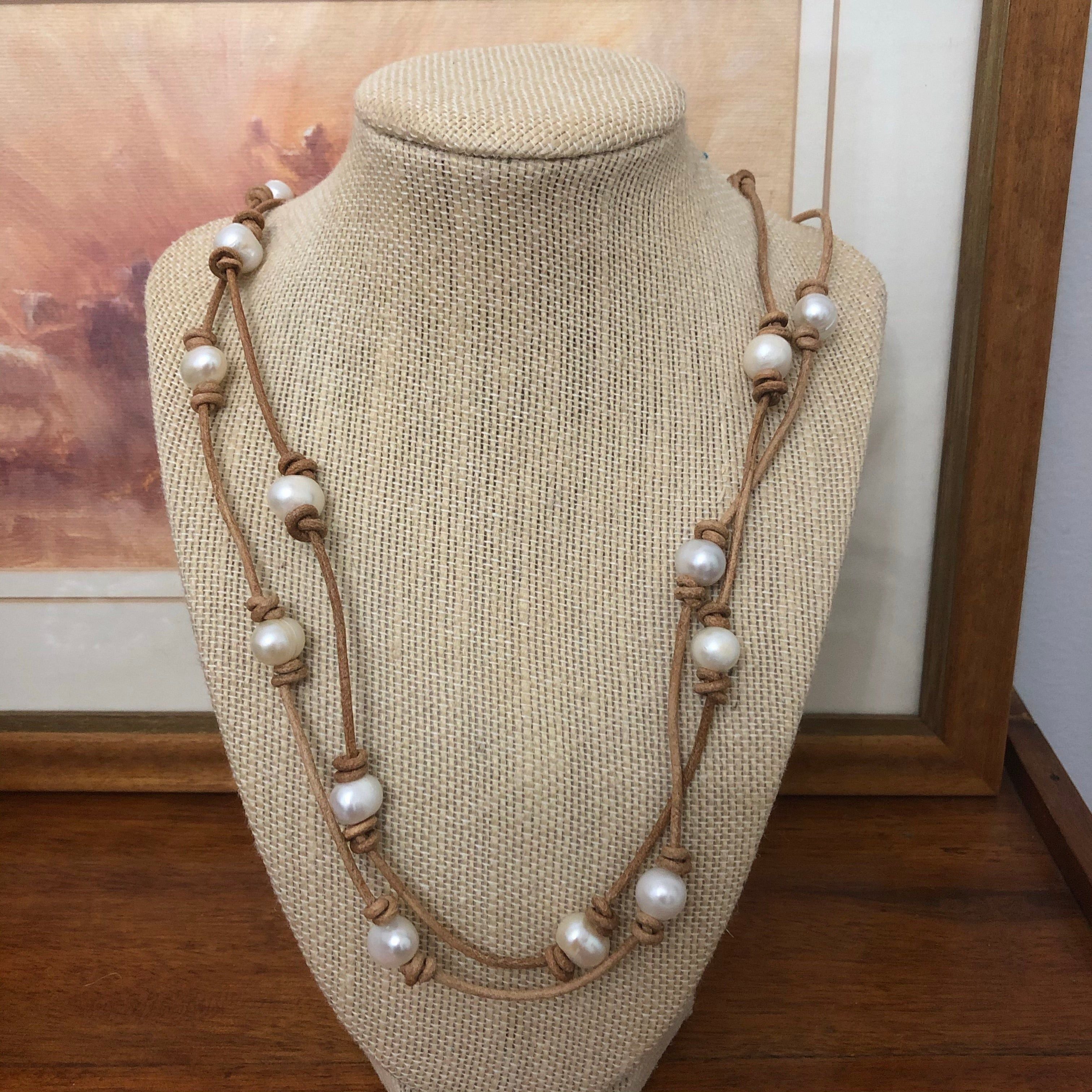 Leather and Pearl Necklace / wrap bracelet light tan  54 inches  