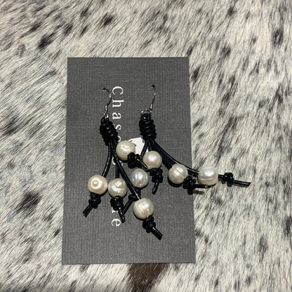 Pearl and Black Leather Tassel Earrings 