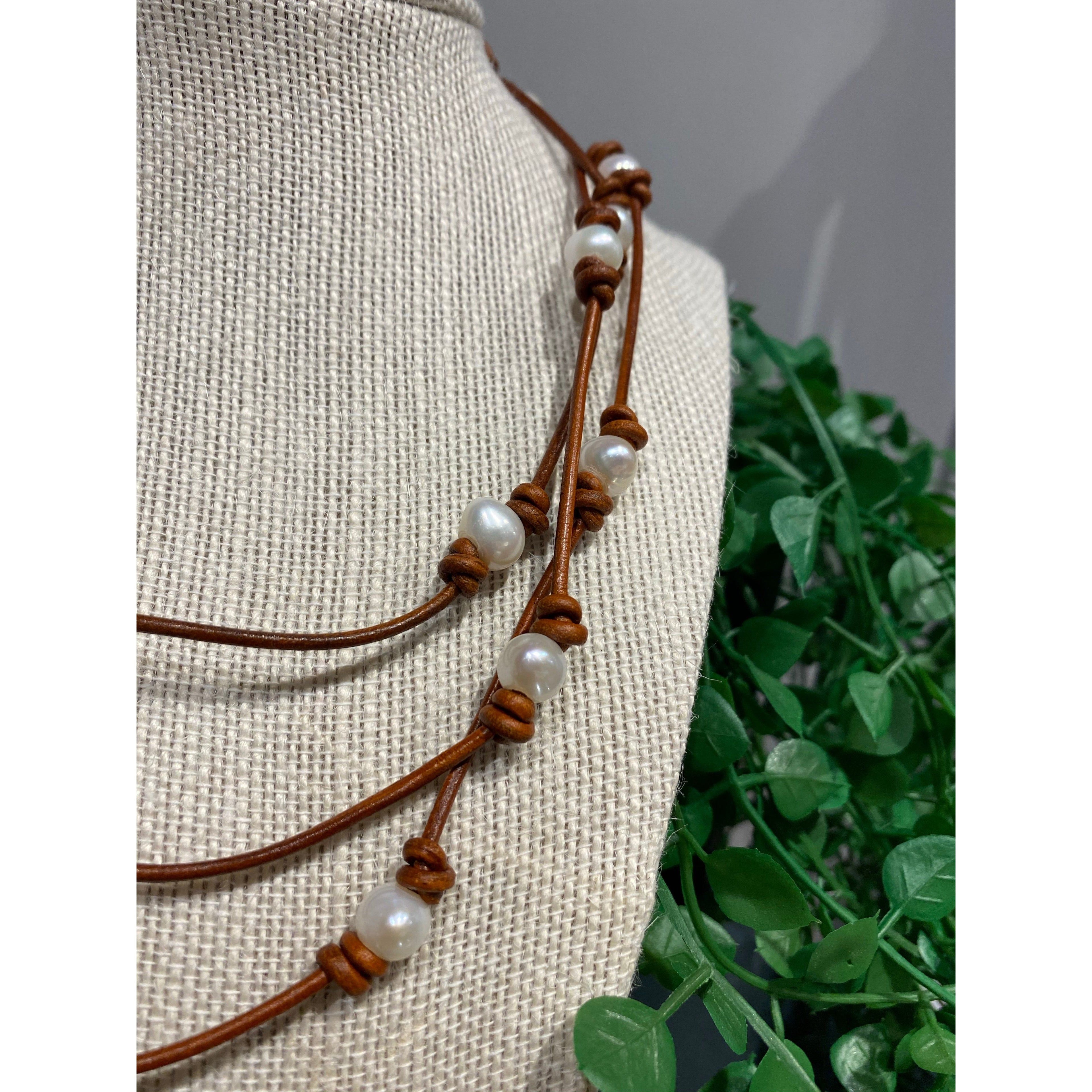 Leather and Pearl Necklace / wrap bracelet 54” dark tan 