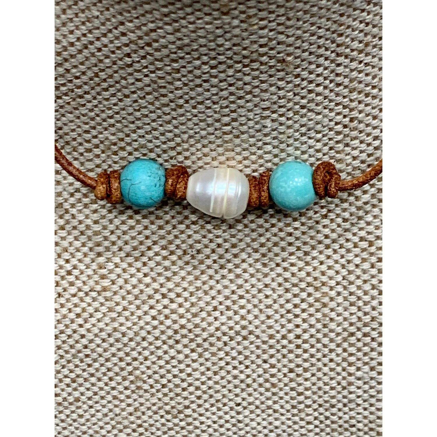 Turquoise and pearl dark tan leather necklace 