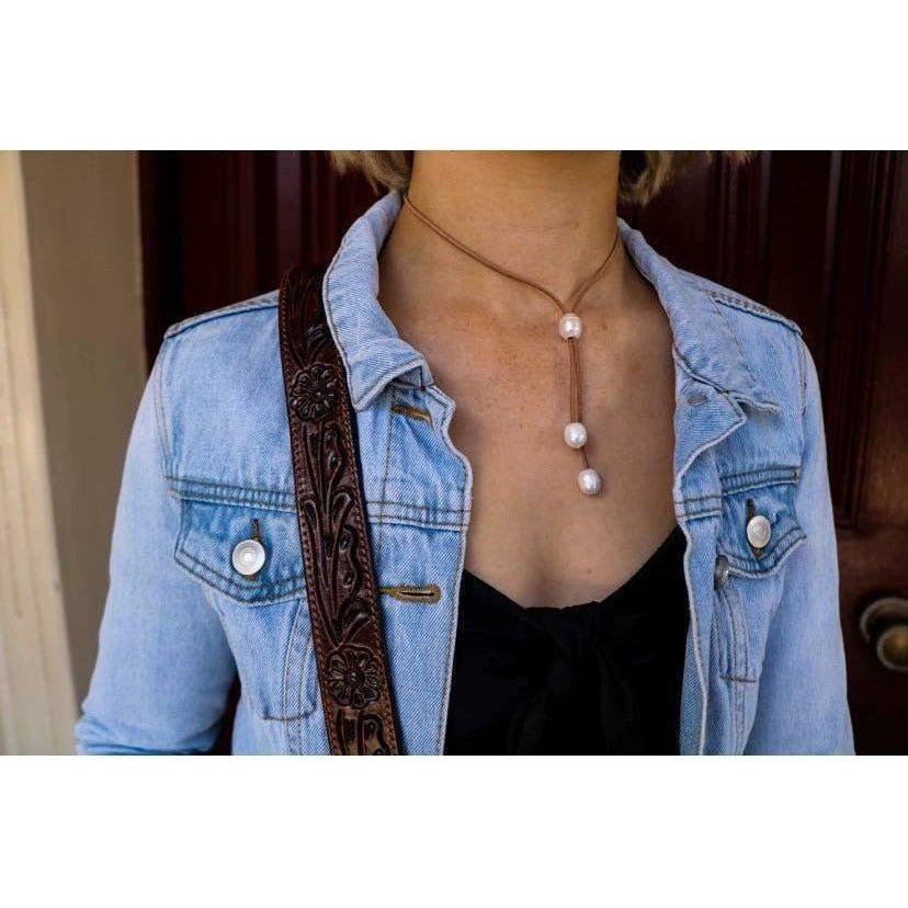 Leather and Pearl lariat necklace light tan