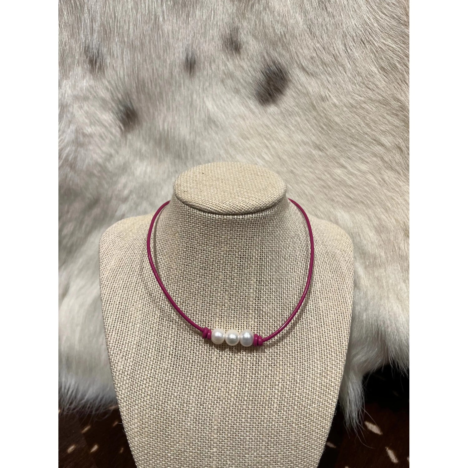 Pearls on pink leather choker / necklace 