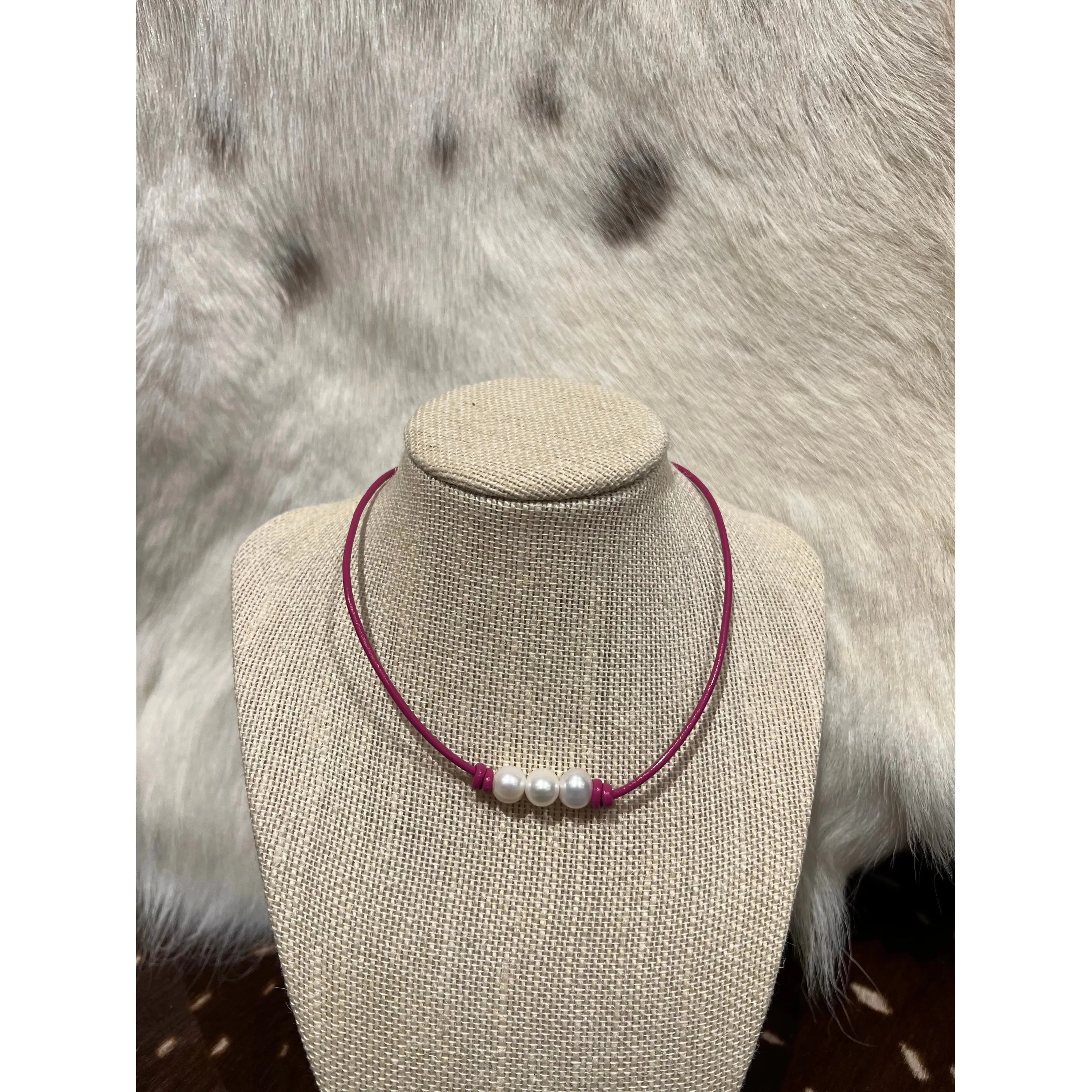Pearls on pink leather choker / necklace 