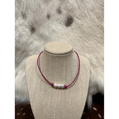 Pearls on pink leather choker / necklace 