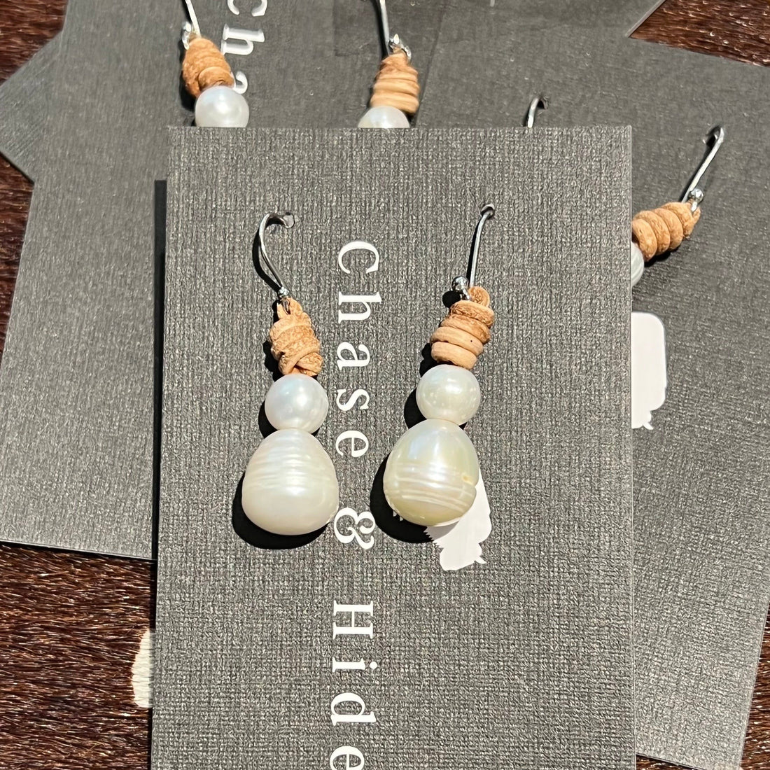 Leather and Pearl Earrings. Light leather