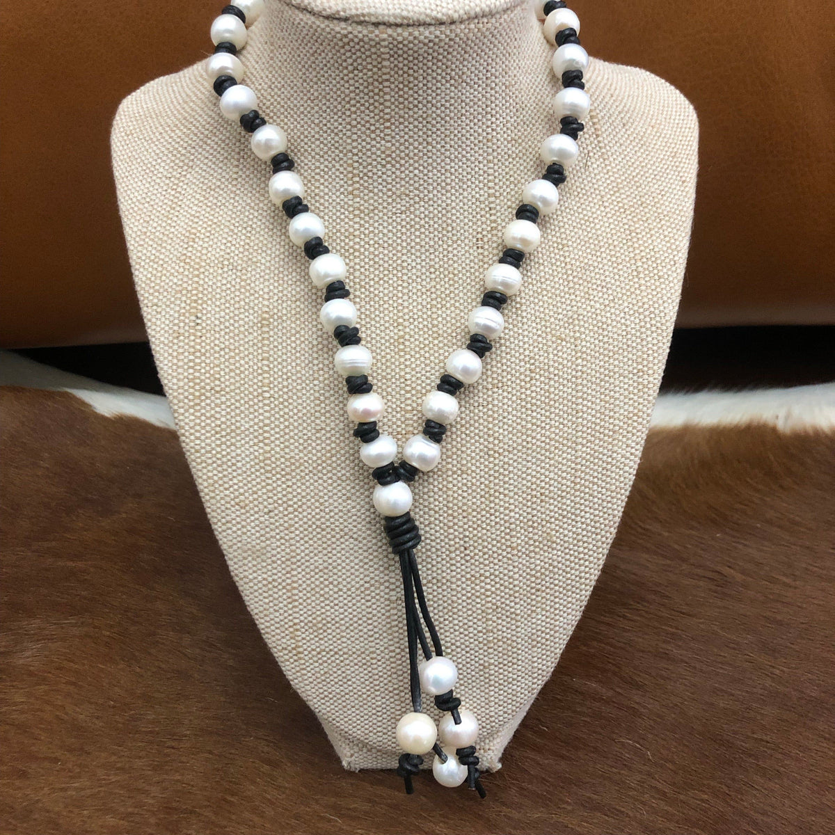 Pearl and Black Leather Tassel Necklace 