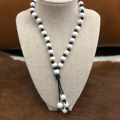 Pearl and Black Leather Tassel Necklace 
