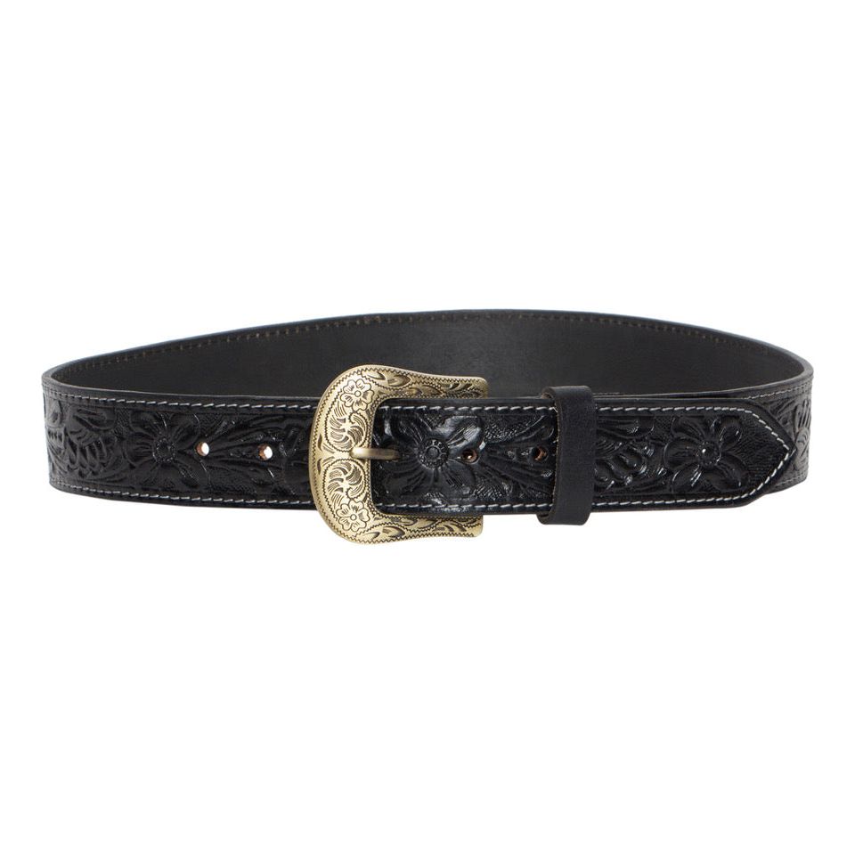 Black Tooled leather belt with removable buckle 