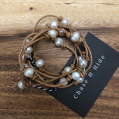 Leather and Pearl Necklace / wrap bracelet light tan  54 inches  