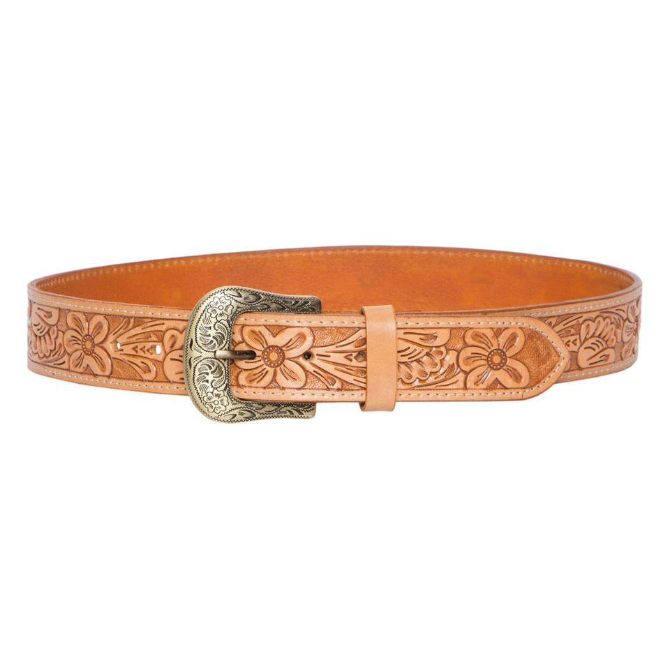 Tan Tooled leather belt with removable buckle