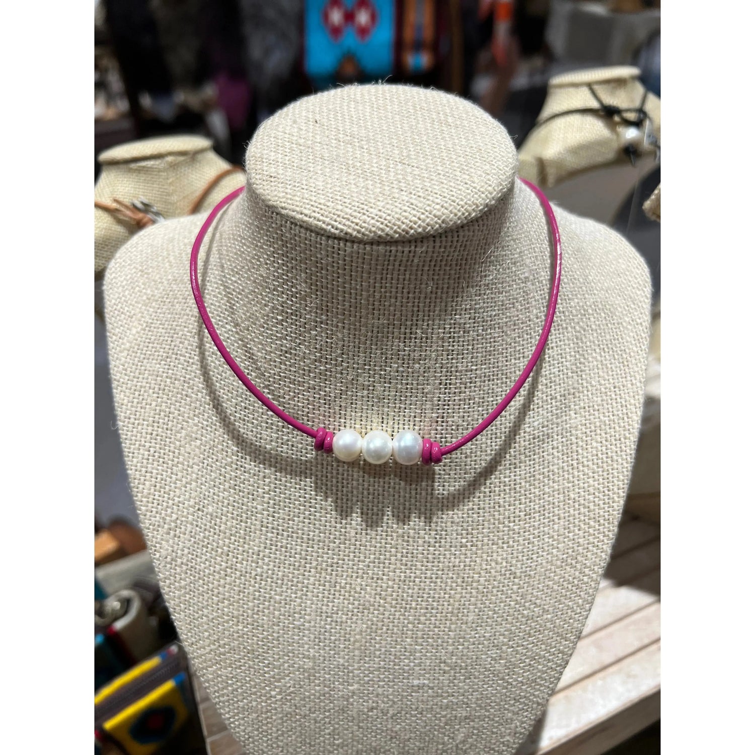 Pearls on pink leather choker / necklace 